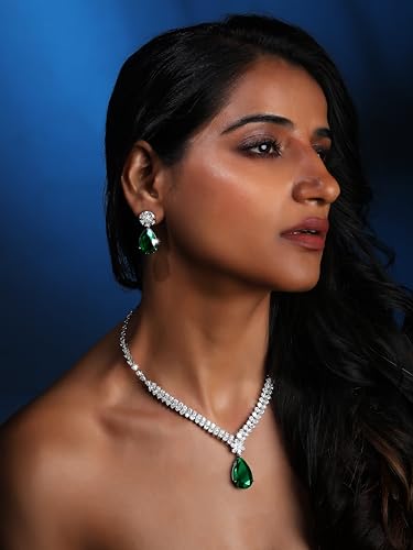 Image of ASMITTA Jewellery American Diamond Necklace Set Rhodium Plated Choker Necklace with Earrings for Weddings, Parties & Festivals