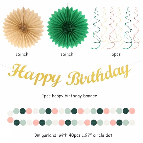 Sage-Green Pink-Gold Boho-Rustic Birthday Party-Decorations - 21pcs Happy Banner,Olive Retro Beige Paper Lanterns Pom Poms,Neutral Streamers Garland,Women Girls Decor Supplies Huglony - Image 4