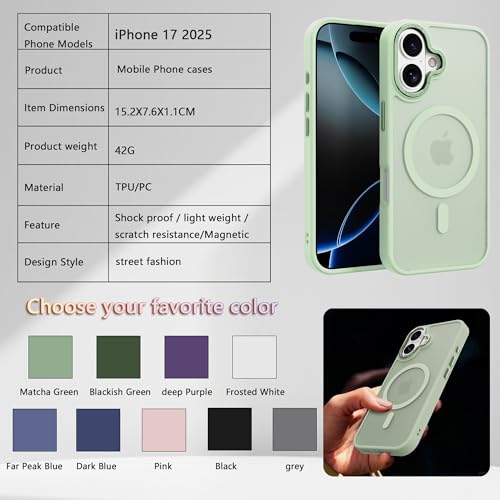 Image of Magnetic for iPhone 17 Phone Case, [Compatible with MagSafe], Screen Protector X1, [Military Grade Drop Protection],Matte Finish,Slim,Shockproof,Protective (Matcha Green, iPhone 17)