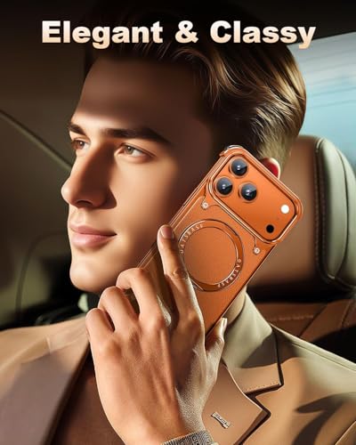 Image of Aluminum Frame Metal Bumper Compatible with iPhone 17 Pro Max | Simple Shield Air Cushion Shockproof | Edge Protection, Minimalist Slim - Black (Frame-Leather -Orange, iPhone 17 Pro Max)