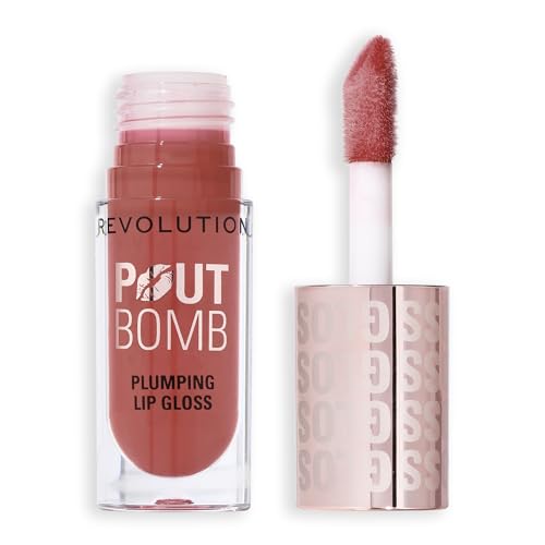 Image of Revolution Beauty, Pout Bomb Plumping Lip Gloss, High-Shine for Glossy, Fuller & Plump Lips with Hyaluronic Acid & Peptides, Vegan & Cruelty-Free (Melba Warm Peach, 4.6ml)