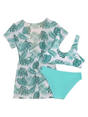 Girls 3 Pcs Swimwear Floral UPF 50+ Swim Kimono Wrap Bikini Crop Top with Brief Tankini Sets2