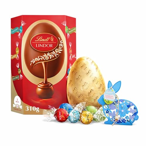 Lindt Chocolates Easter Egg for Easter Gifts - Large Milk Chocolate Rainbow Chocolate Egg with Assorted Truffles 310g & Topline Easter Wooden Decoration. Great Gifts for Women Mum
