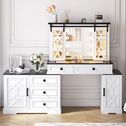 Image of FREDEES Large Vanity Desk with Mirror and Lights, Farmhouse Makeup Vanity with Jewelry Armoire Cabinet Storage, White Dresser Table Gifts for Wife /Girlfriends /Women /Lady /Girl