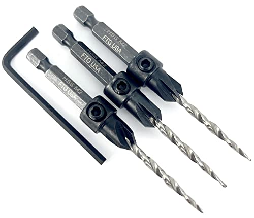 Image of FTG USA #6 (9 /64 inch) Wood Countersink Drill Bit 3-Pc Set with Hex Key | Convenient 3-pack of identical tapered bits for woodworking. Includes 1 Allen wrench hex key for easy adjustments