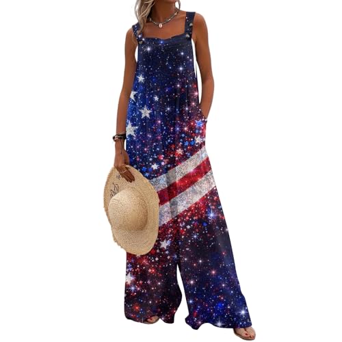 lopmou 4th Of July Outfits for Women Boho Overalls Sleeveless Wide Leg Summer One Piece 250 American Flag Resort Wear We the People Dark Blue L
