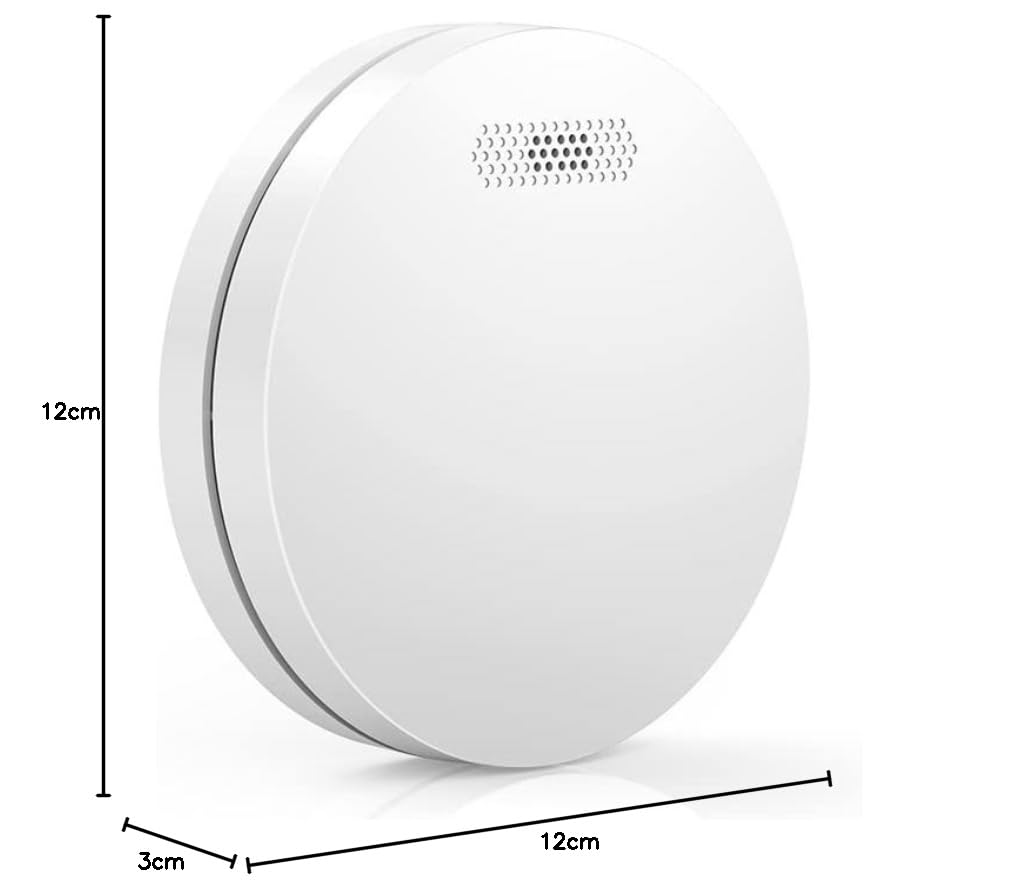 Diagram showing the dimensions of the CPVAN Wireless Interlinked Smoke Alarm: 12cm diameter and 3cm thickness.
