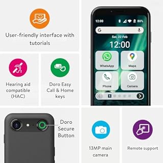 Doro - Aurora A10 Mobile Phone – Senior Smartphone – Easy to Use – Assistance Button with GPS Location – Hearing Aid Compatible – USB Cable Included – Bone