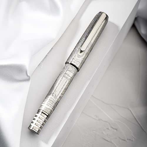 Hongdian 100 Silver Steel Piston Fountain Pen, Iridium Extra Fine Nib Calligraphy, Smooth Writing Pens, Nice Writing Pen For Men & Women #TOP1