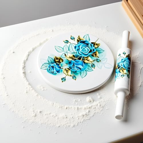 Image of Marble Chakla Belan Set - 25.4 cm Board / 30.5 cm Rolling Pin | Blue Roses Design | Traditional Roti Rolling Board and Pin Set | Smooth Finish Kitchen Tool for Chapati, Paratha & Puri