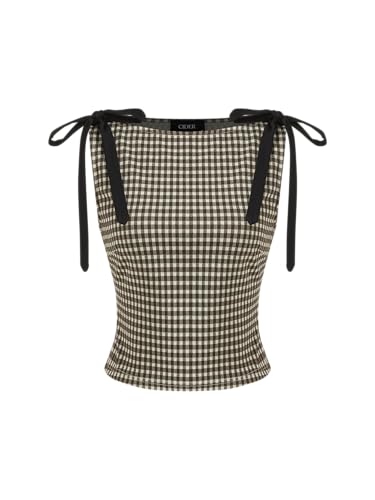 CIDER Tank Tops for Women Gingham Bow Tie Boat Neck Sleeveless Jacquard Slim Fit Top Blouses Womens Tops