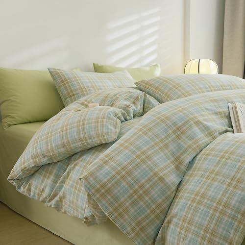 Image of EAVD Gingham Duvet Cover Full Multicolor Soft Washed Cotton Reversible Grid Plaid Duvet Cover Set with 2 Pillowcases Modern Farmhouse Gingham Bedding Set with Zipper Closure
