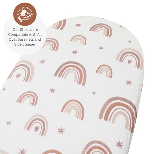 Image of Muslin Bassinet Sheets for Maxi COSI Iora, Delta Children, Graco, Munchkin Brica, 4moms MamaRoo, Chicco LullaGlide by TansyPanda, 3PC, 18x30 in, Ultra Soft, Breathable, Snug Fit, Unisex, Pink Rainbow