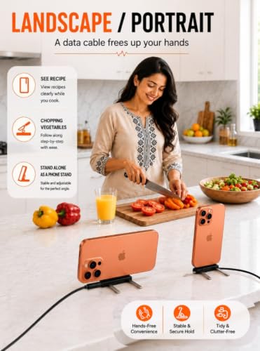 Image of 240W Flat Silicone Type C Cable with Detachable Mobile Stand | 1.5M | Tangle Free | 480Mbps | Multi-Angle | Keychain |Compatible with Laptop iPad Samsung OnePlus iPhone 16