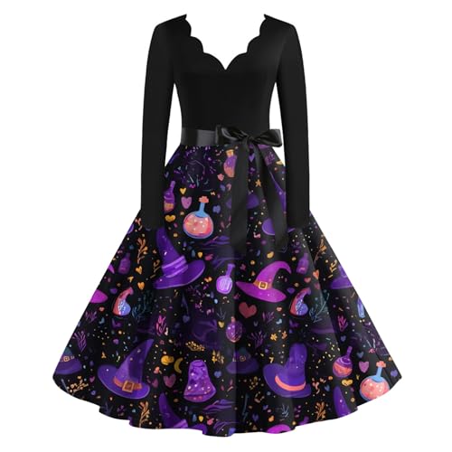 OIOLOYJM Sexy Plus Size Halloween Costumes Woman 2025 Long Sleeve V Neck Printed Gothic Retro Formal Party Dresses for Women