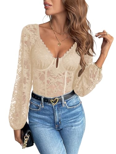 Amazon.com: SweatyRocks Women's Lace Long Sleeve Corset Bodysuit