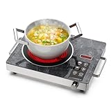 Borrallio Portatile Fornello Elettrico Singolo 3500W, Piastra Riscaldante a Infrarossi con Vetro Marmorizzato, 220V Piano Cottura Elettrico con Timer e Controllo a Manopola, Vetroceramica per Esterno