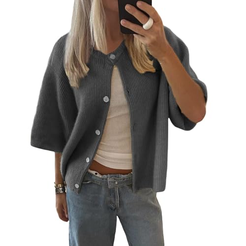 Image of Sumleno Womens Ribbed Knit Cardigan Y2k Crop Top Short Sleeve Button Down Open Front Sweater Loose Casual Cardigan