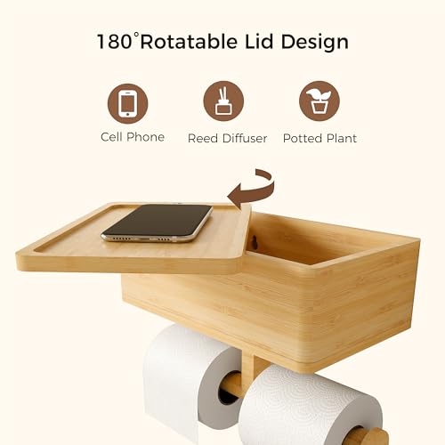 Wealone T-002T 3-In-1 Toilet Paper Holder With Shelf And Storage, Rotating Bamboo Dual Toilet Tissue Roll Holder Wall Mount thumb #1