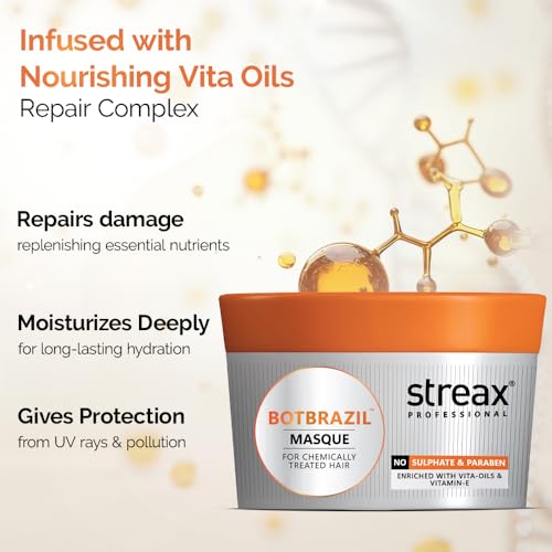 Image of Streax Professional Botbrazil Masque,For Chemically Treated Hair With Vita Oil Complex,Hydrating Hair Mask For Deep Repair & Nourishment For Keratin, Colour & Straightened Hair,200 Gram