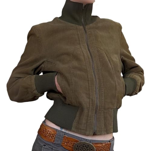 Womens Corduroy Jacket Y2k Stand Collar Cropped Shacket with Ribbed Trim Slim Fit Utility Jacket Outerwear