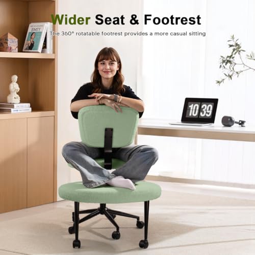 Image of Waleaf Ergonomic Cross Legged Office Chair, ADHD Chair for Adults, Height Adjustable Meditation Chair with Wheels, Teddy Fabric Yoga Kneeling Chairs with Comfortable Back Support (Green)
