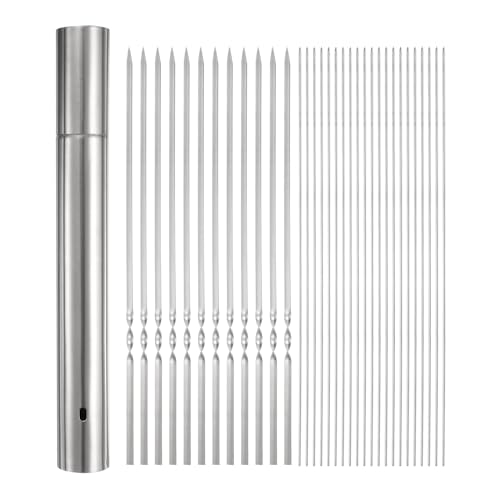QUARKZMAN 100 unidades de Brochetas de Metal para Barbacoa 30cm x 3.5mm Palitos Planos Redondos de Acero Inoxidable Reutilizables para Barbacoa al Aire Libre con Tubo de Almacenamiento