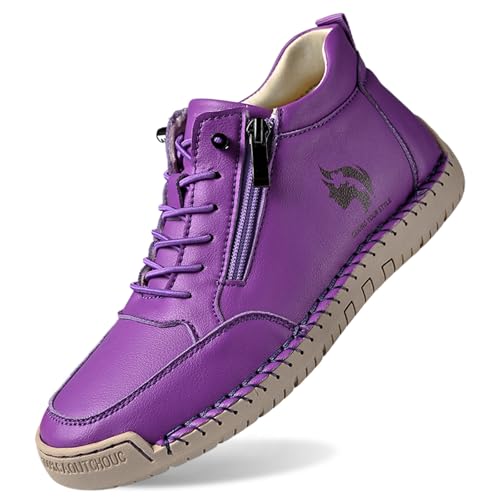 Zapato de piel para mujer, antideslizante, costuras hechas a mano, altura con cordones, zapatos descalzos con cremallera, otoño e invierno, ocio, talla grande, mocasines, morado, 43 EU