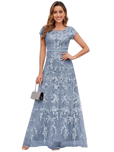 VCCICANY Lace Appliques Mother of The Bride Dresses for Women Short Sleeves A Line Tulle Long Formal Evening Gown Prom Dress