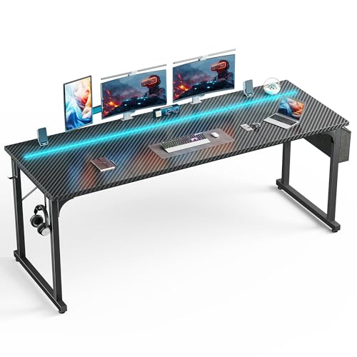 Image of DurayLoly 71 inch Gaming Desk with LED Lights, Large Office Desk for 3 Monitors or 2 laptops,Long Desk with Storage Bag&Headphone Hook for Study Writing Work Wood Desk,Sturdy Metal Frame,Black