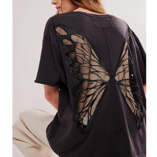 Women Butterfly Lace Short Sleeve Top Y2k Oversized Cut Out Solid Crew Neck T Shirts Summer Embroidered Tee3