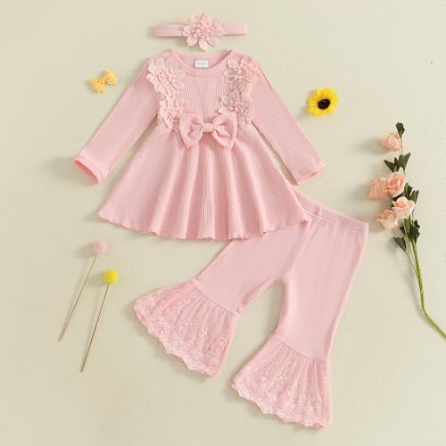 Baby Girl Fall Outfits Toddler Girl Clothes Flower Dress Lace Dresses Bow Sweatshirt Flared Pants Clothing Set2