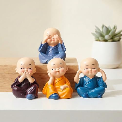 ELEGANT LIFESTYLE Set of 4 Baby Monk Buddha Figurines See No Evil, Hear No Evil, Speak No Evil, Think No Evil ? Resin Miniature Showpiece for Car Dashboard, Home & Office Decor ? Multicolor