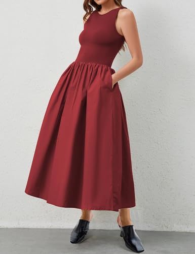 Image of MISSACTIVER Crewneck Sleeveless Maxi Dress for Women Summer Flowy Patchwork Tank Top Long Dresses with Pockets Red, X-Large