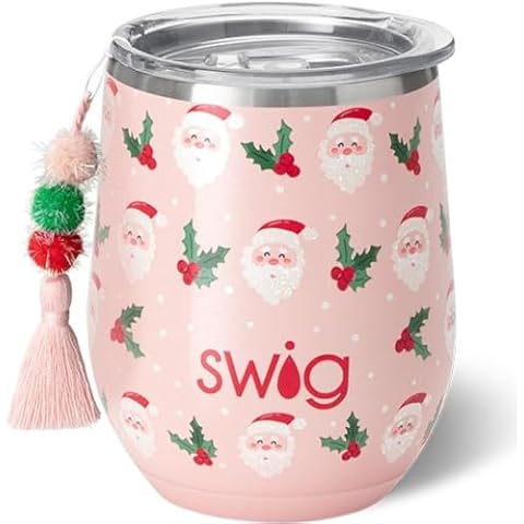 Swig Life 12oz Wine Tumbler with Lid, Stainless Steel, Dishwasher Safe, Portable, Triple Insulated Wine Tumbler (Holly Jolly) Cover
