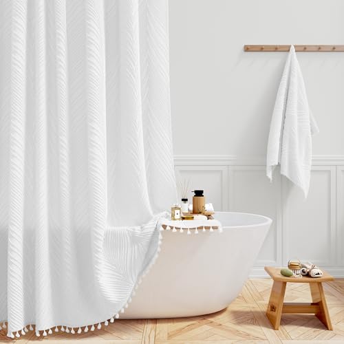 BTTN 84 Extra Long Shower Curtain - 72x84 Tufted Leaves Textured Striped Cloth Shower Curtain Set with 12 Plastic Hook, Water Repellent, Farmhouse Country Fabric Shower Curtains for Bathroom, White by BTTN - Used condition - US$20.29