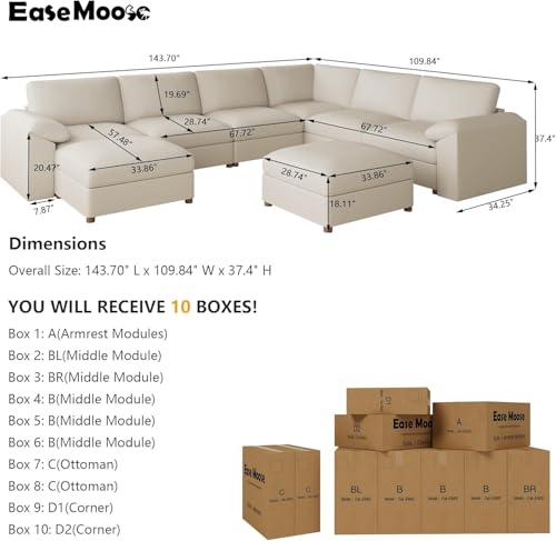 Image of EASE MOOSE Faux Leather Sectional Couch, Oversized Modular Sofa, Modern Comfy Modular Couch, Scratch Resistant Material Sofas, U Shaped Couch for Big Spaces, Beige
