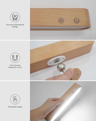 Image of PopoIron Rechargeable LED Wall Sconces Set of Two,Wall Lights for Bedroom with Remote Control and Touch,360 Magnetic Rotation,3 Colors Dimmable Brightness Wood Wall Lamps with 15 RGB Colors,2 Pack