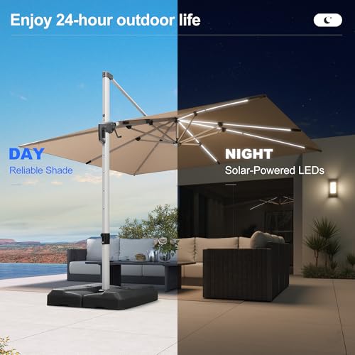 Image of PURPLE LEAF Cantilever Umbrella 9' X 12' Solar LED Light Patio Deck, Beige