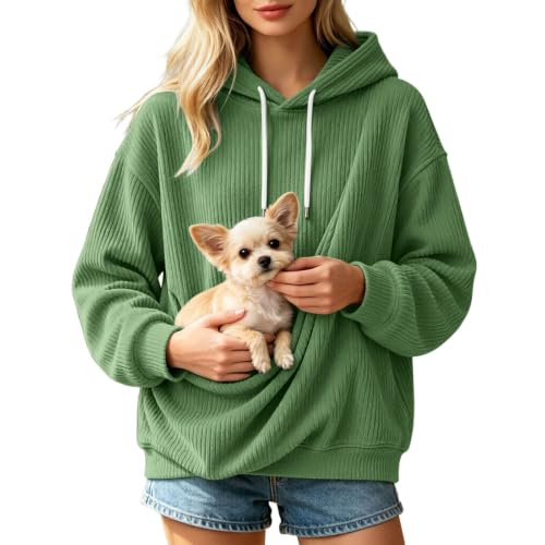 lozssnigzi Sweat a Capuche Femme Homme en Velours Côtelé avec Grande Poche Kangourou pour Transporter Un Petit Animal, Doux et Confortable Oversize Hoodie pour Les Amoureux des Animaux
