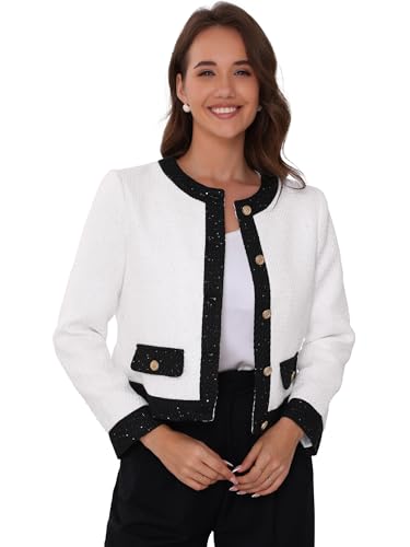 Allegra K Sequined Tweed Blazer for Women's Collarless Button Up Casual Office Short Blazers