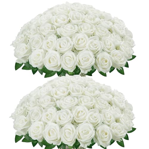 Image of InnoGear 100 Pcs White Roses Artificial Flowers, Fake Velvet Silk Rose Bulk Faux Flower for Decoration DIY Wedding Centerpieces Proposal Bridal Bouquets Shower Party Home Floral Decor (100, White)