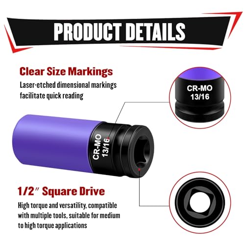 Image of YIYITOOLS 5Pcs 1 /2 inch Drive Lug Nut Socket Set, Color-Coded Thin Wall Deep Impact Sockets, Metric 17mm /19mm /21mm & SAE 13 /16 inch /7 /8 inch, CR-MO Steel, 6-Point, Non-Marring Wheel Protector