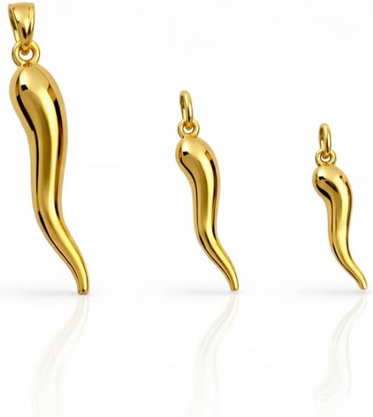 14K or 10K Solid Gold Horn Charm Hollow, Good Luck Charm, Cornetto, Cornicello Pendant, Yellow Gold Pepper for Him and Her, for Gifting Handmade in Italy, Hypoallergenic