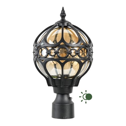 Dusk to Dawn Globe Outdoor Post Light for Lawn Patio Yard Driveway, Black Sphere Outside Lamp Post Light, Pier Mount Post Lantern Lighting Fixtures, Soccer Ball Exterior Pole Post Light(1 Pack)
