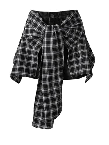 Women's Plaid Patchwork Denim Skirt High Waist A-Line Casual Street Mini Skirts2
