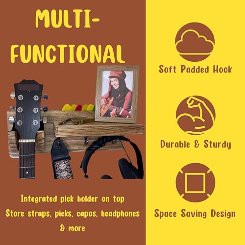 Guitar Wall Hanger - Sturdy Wood Base with Padded Hook - Secure & Stylish Holder for Acoustic, Electric, and Bass Guitars – Easy Installation & Space-Saving Design
