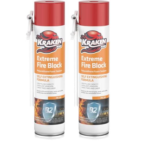 Kraken Bond Extreme Orange Fire Block Foam - (2x24oz) Fire Rated Polyurethane Spray for Gap Filling, Sealing on Windows, Walls, Joints & Pipes, Straw Use High Expansion Fire Proof Foam - 2 Pack
