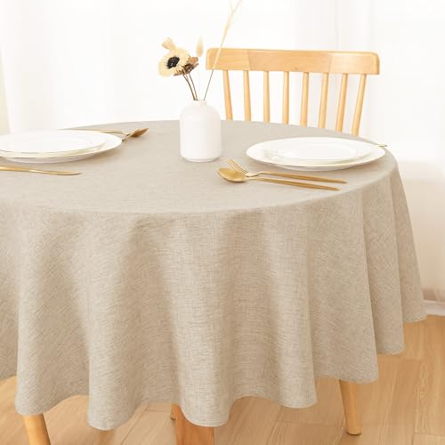 DWCN Nappe Beige Ronde Aspect Lin Lavable Imperméable 140 cm Rond, Facile à Laver et Repasser, Nappe Douce pour Salle à Manger, Jardin en Plein Air Jardin,...