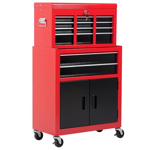 HOMCOM Tool Chest, Metal Tool Cabinet on Wheels with 6 Drawers, Pegboard, Top Chest and Roller Cabinet Combo, 61.6 x 33 x 108cm, Red and Black 1 HOMCOM Tool Chest, Metal Tool Cabinet on Wheels with 6 Drawers, Pegboard, Top Chest and Roller Cabinet Combo, 61.6 x 33 x 108cm, Red and Black